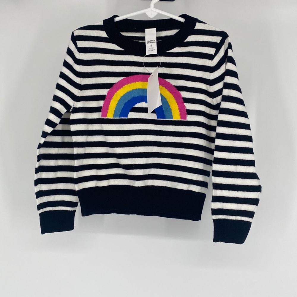Harper Canyon Kids Long Sleeve Striped Rainbow Sweatshirt Black Ivory Size 4 NWT